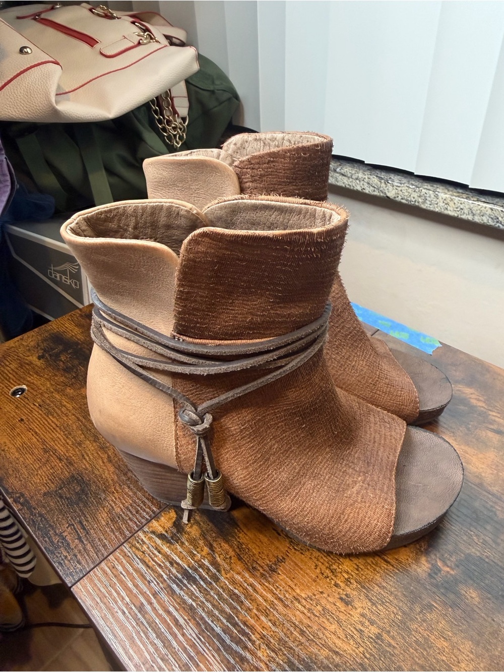 OTBT Vagabond open-toe booties rustic brown overlay chunky stacked heel Size 6.5